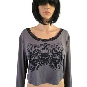 3/25$Long sleeves Skull & Flower Print Crop top, lace collar,gothic top, Size 14
